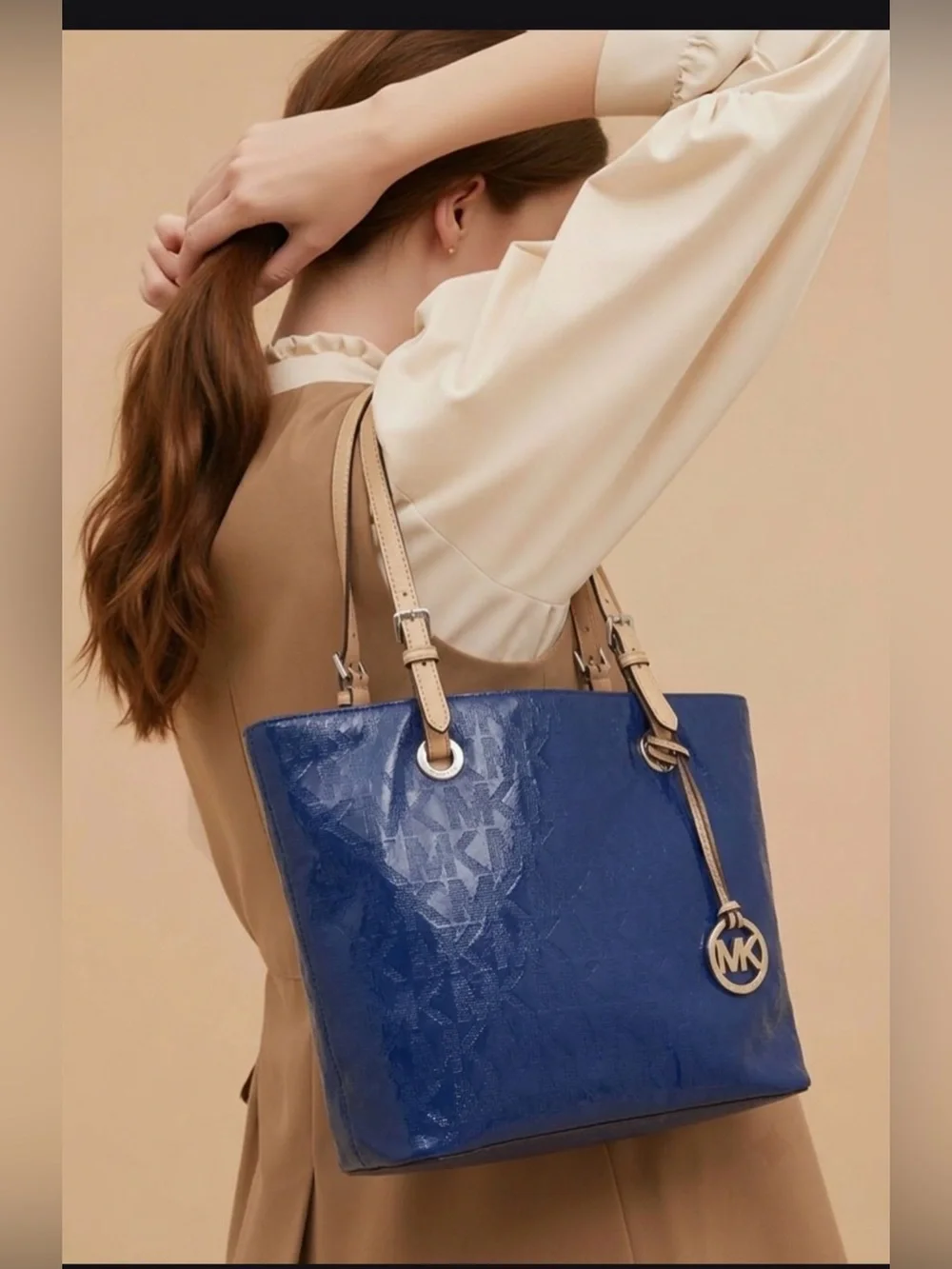 Michael Kors Blue Tote Bag with Gold Accents